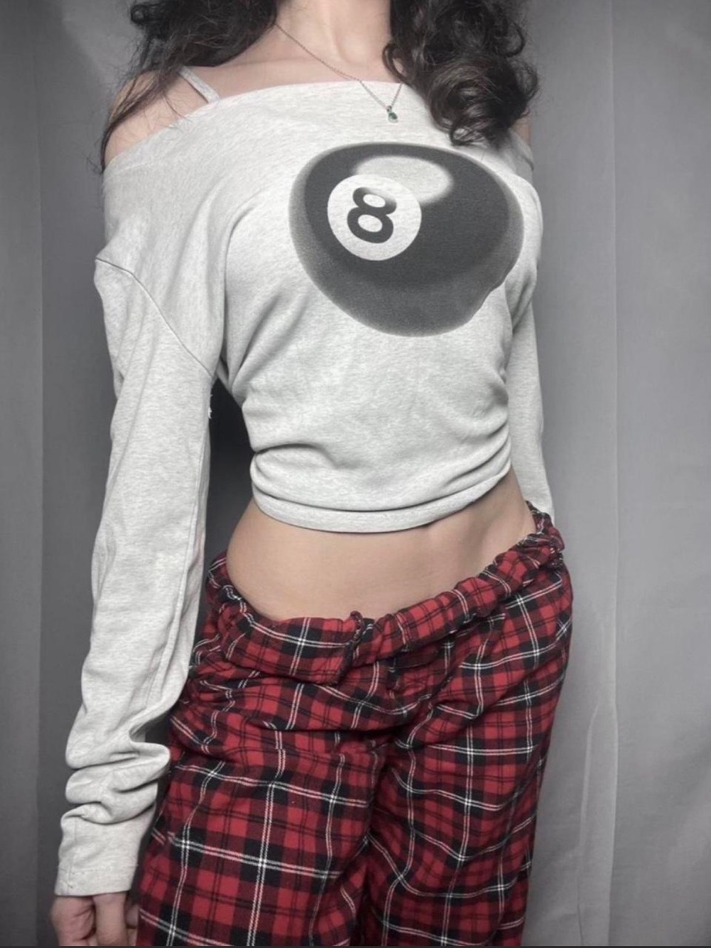Off-Shoulder 8-Ball Crop Top in Light Gray